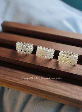 法式蕾丝花边款手工串珠戒指时尚轻奢气质素戒小众设计指环 三色