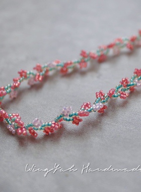 WingYah 春色满园手工串珠短项链樱花粉红双色花瓣设计感锁骨链