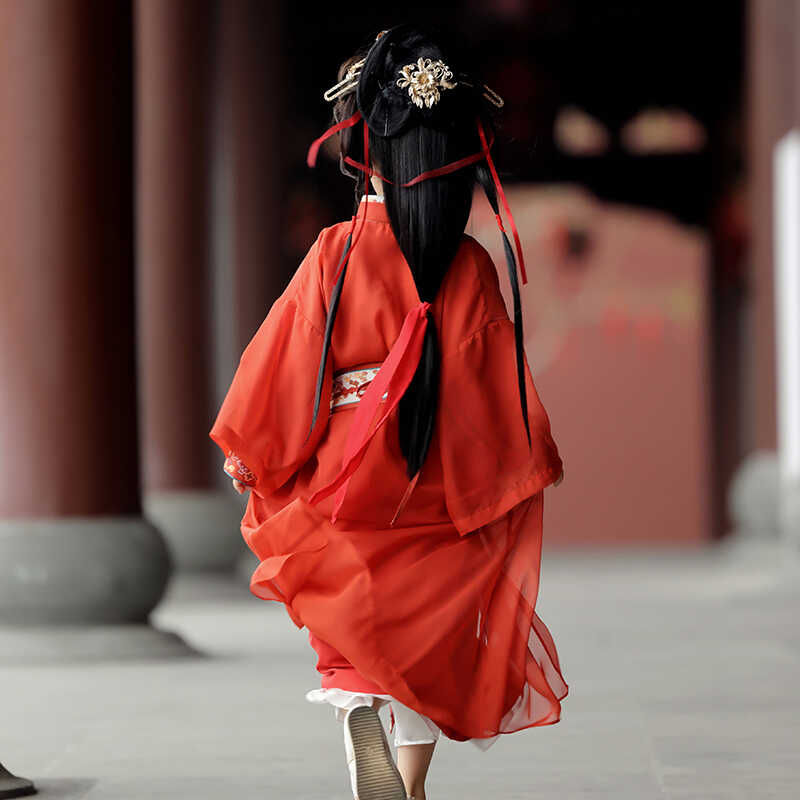 汉服女童战国袍春秋直裾交领长袍国风古装儿童中国风高端红色唐装 - 图3