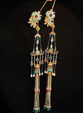 原创明制仿珍珠挑牌流苏凤冠头饰套装禁步腰间配饰羊角灯挂饰