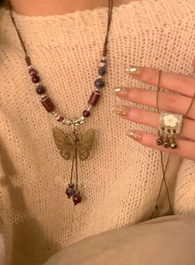 复古民族风陶瓷蝴蝶铃铛吊坠项链女波西米亚风长款毛衣链配饰品
