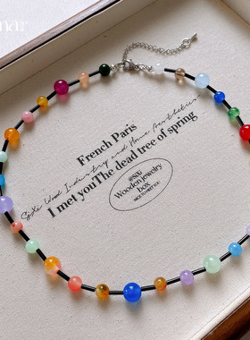 多巴胺彩色水晶石头串珠项链春夏甜美锁骨链小众简约百搭钛钢链