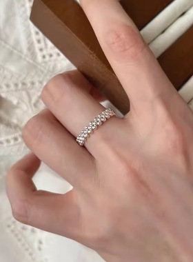 s925通体纯银多层镂空圆珠戒指小众设计极简风百搭素圈开口食指环