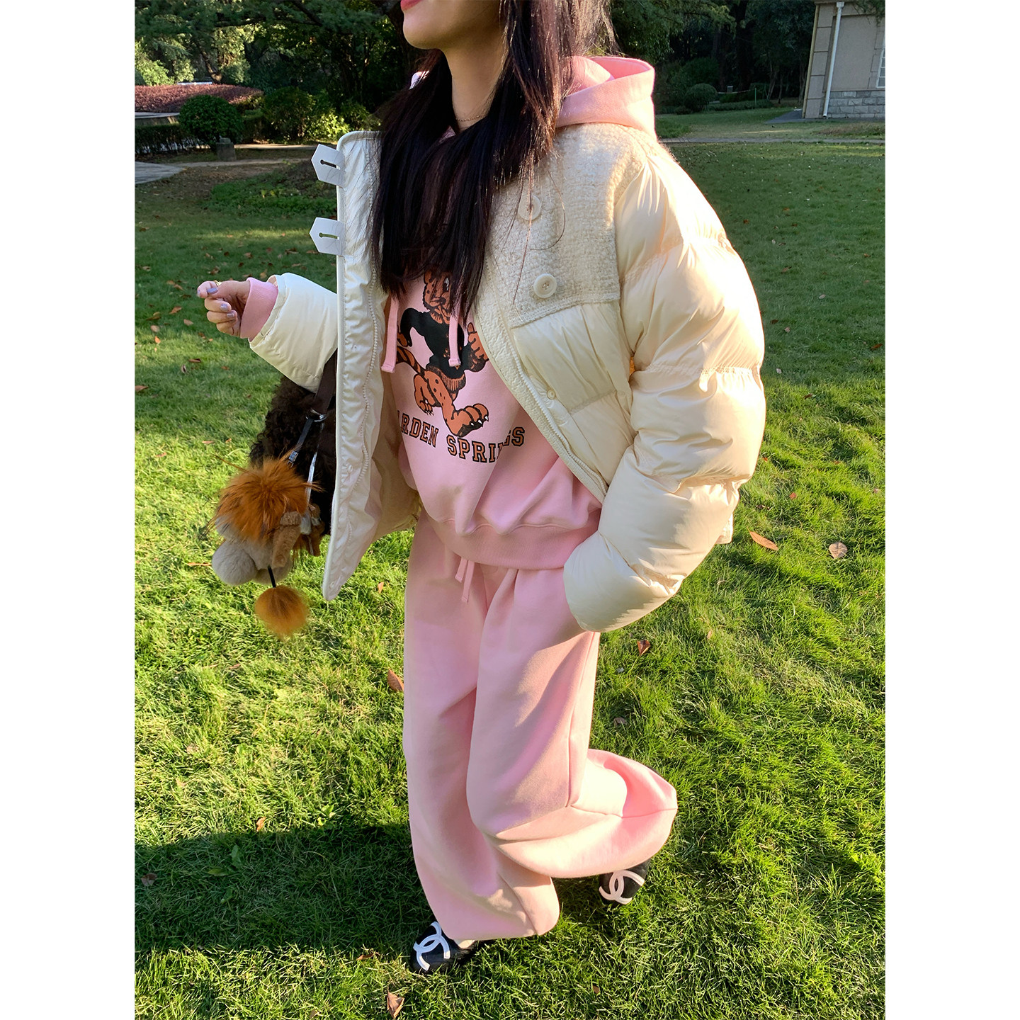 落落狷介 运动套装2025新款女粉色加绒卫衣两件套+束脚卫裤宽松,淘宝优惠券,粉丝福利购,淘宝优惠卷