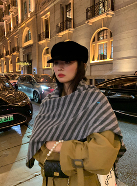 落落狷介条纹绵羊毛围巾女