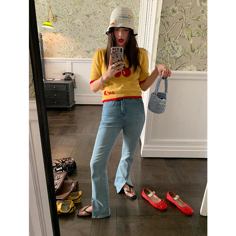 落落狷介 上衣设计感小众女2024年新款黄色针织衫短袖套头小个子 - 图1