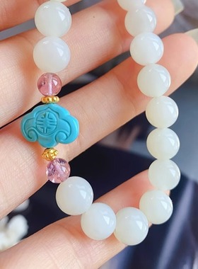 RUYI 天然和田玉手串古法黄金天然绿松石祥云碧玺DIY多宝圆珠手链