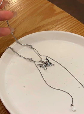 闪耀镶钻双层蝴蝶流苏珍珠项链时尚潮流可抽拉锁骨链小众设计感