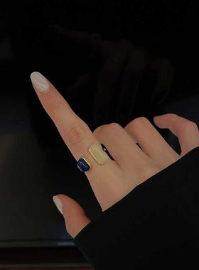 ins韩国新款个性方形滴油蓝色戒指女简约轻奢指环网红同款食指戒