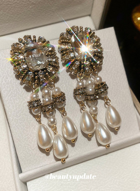 闪耀银针镶钻方形水滴珍珠耳钉中古宫廷风重工夸张耳环轻奢高级感