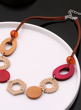 红色木头民族风项链女