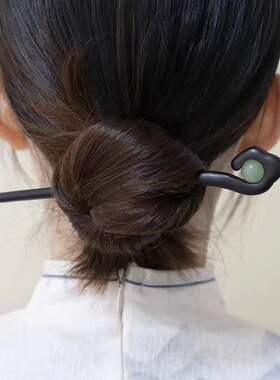 天然朱砂石黑檀木发簪高级感盘发