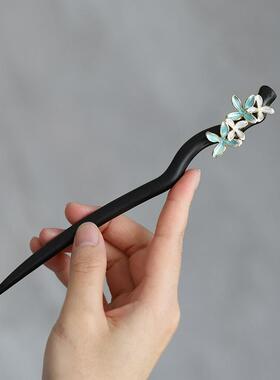 原创【风信子】黑檀木盘发簪子女古风蓝色花古典新中式简约大气款