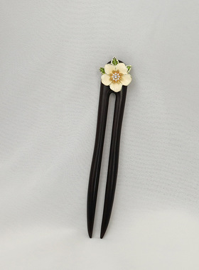 原创山茶花黑檀木发簪钗子U型