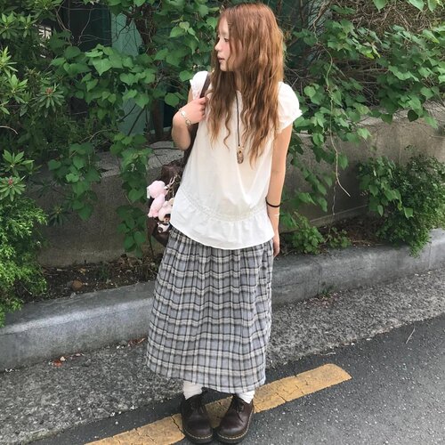 已出货 韩国复古鬼马系少女褶皱格纹休闲慵懒风森系中长款半身裙 - 图1