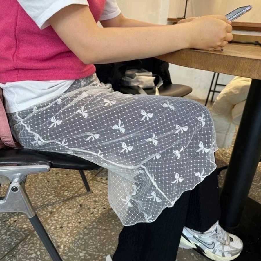 秋冬色入 韩国百搭蕾丝柔软蝴蝶结半身裙中裙日系少女叠搭单品 - 图2