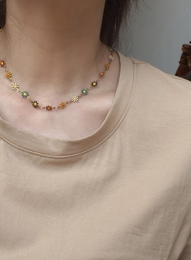 青岛饰品 小众品牌OG Loc  彩色珐琅彩双面滴胶小花朵项链