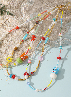 日韩童趣风蓝兔子项链 彩虹米珠串珠蘑菇女生百搭小众设计锁骨链