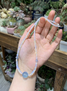 天然海蓝宝项链女款小众轻奢天然欧泊算盘高级饰品锁骨链七夕礼物