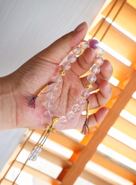 天然粉水晶十八子手持手链女款搭配紫云母碧玺送女友闺蜜925银