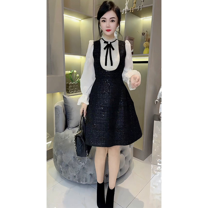 欧货时尚小香风连衣裙2023年秋冬季款重工钉珠花边领假两件A字裙,淘宝优惠券,粉丝福利购,淘宝优惠卷