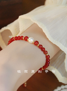 天然红玛瑙珍珠手链女ins小众