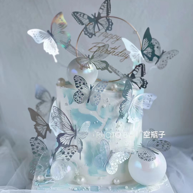 爆款蝴蝶仙女氛围感蛋糕装饰幻彩亚克力蝴蝶插件女神女生生日装扮 - 图0