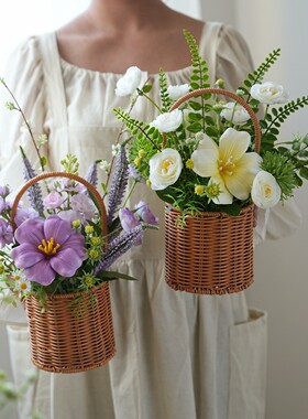 森系塑料藤提篮仿真紫花套装 样板间软装拍照布景假花摆件