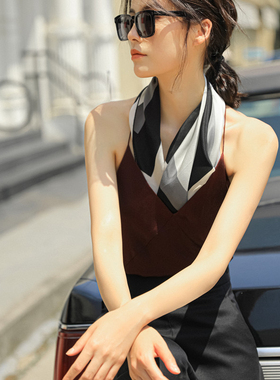 大气欧美风几何拼色真丝方巾