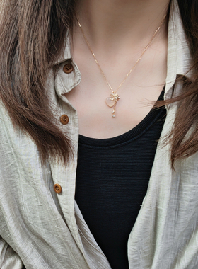 925纯银镀K金 招财福袋镶钻白玉髓项链女款锁骨链轻奢小众高级感