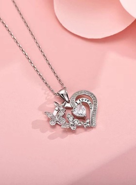 欧美跨境时尚女士爱心蝴蝶微镶水钻l love you简约项链合金吊坠