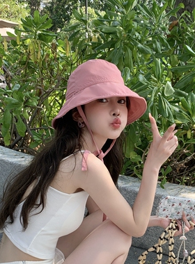 韩国粉色渔夫帽女夏遮阳帽防晒