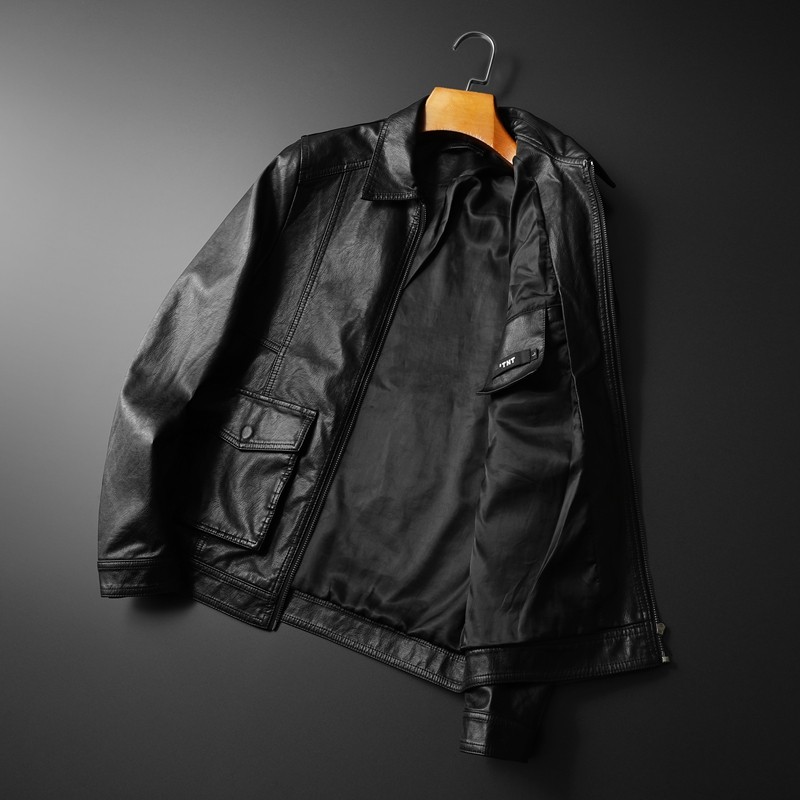 2024秋冬新款男士翻领机车皮外套 修身潮男皮衣7155 P175黑卡,淘宝优惠券,粉丝福利购,淘宝优惠卷