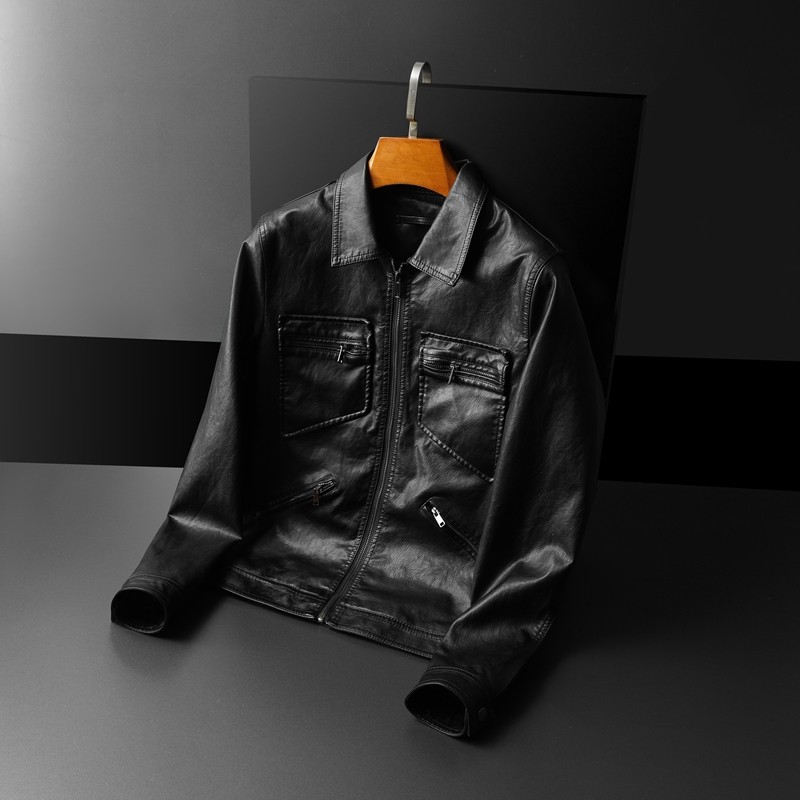 2024秋冬新款男士翻领机车皮外套 修身潮男皮衣7016 P175黑棕色,淘宝优惠券,粉丝福利购,淘宝优惠卷