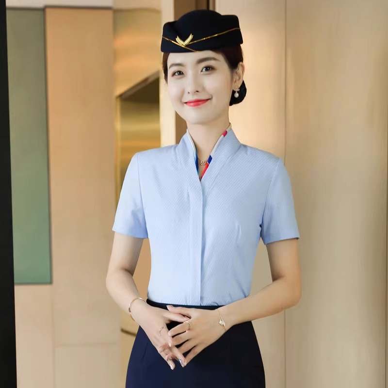 导购员空乘艺考面试正装空姐制服v领短袖白衬衫女长袖工作服衬衣-图2