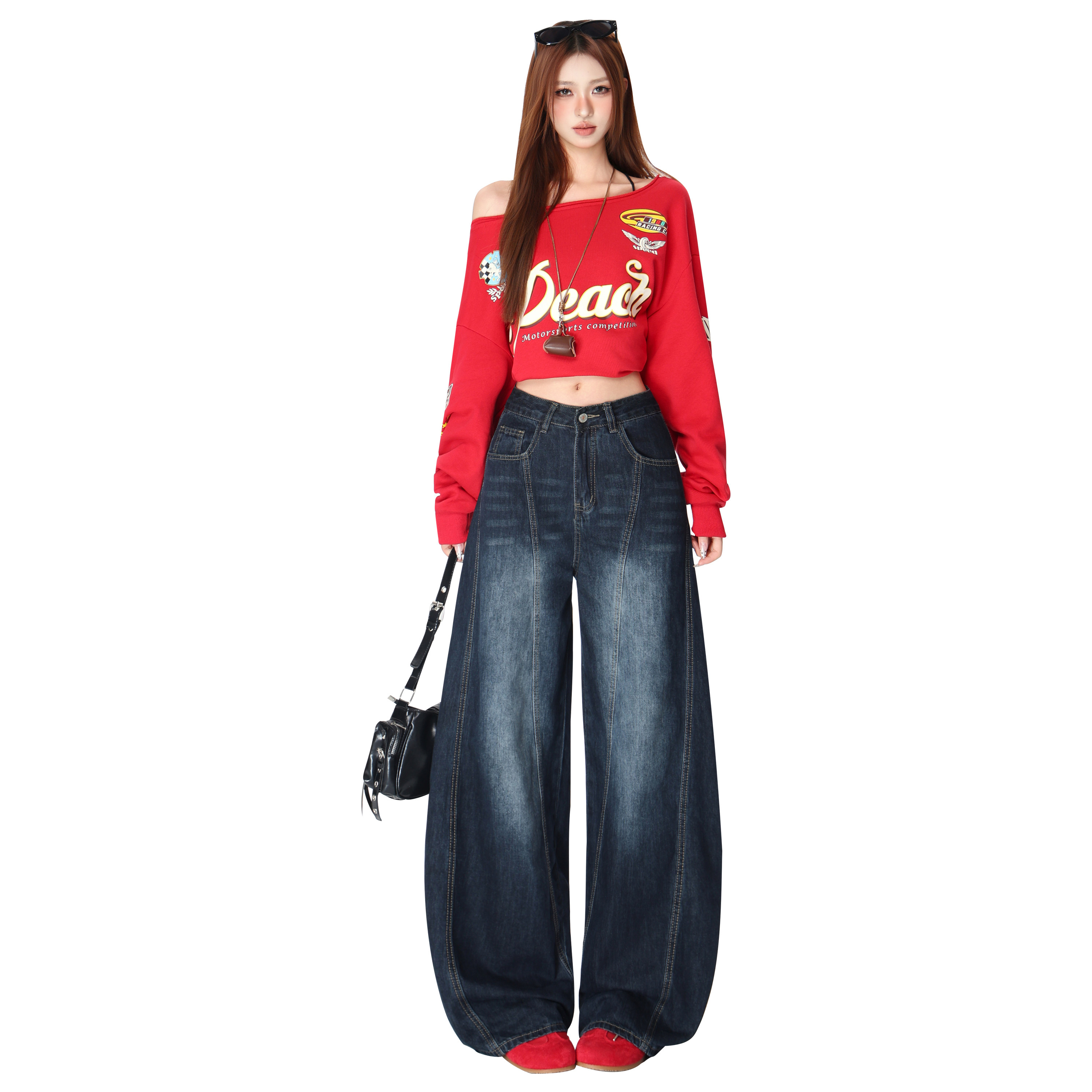 美式复古刺绣弯刀阔腿牛仔裤女秋季新款高腰直筒宽松拖地裤,淘宝优惠券,粉丝福利购,淘宝优惠卷