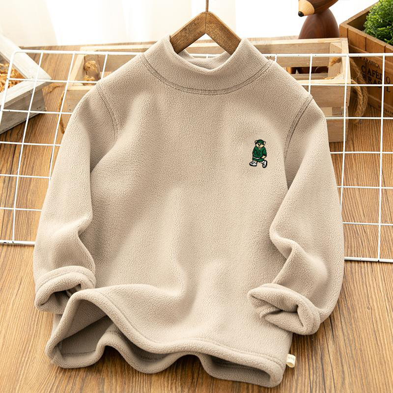 儿童半高领打底衫秋冬男童中大童加绒加厚保暖抓绒衣长袖内搭上衣 - 图0