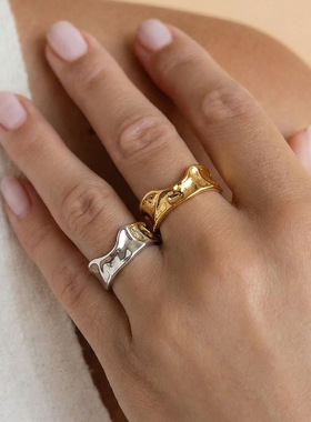 不锈钢重工压纹不规则褶皱开口戒指欧美跨境热销款指环镀18k真金