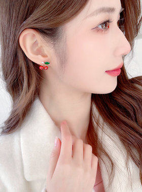 s925银针小众气质耳饰高级感少女心超仙简约清新气质红色樱桃