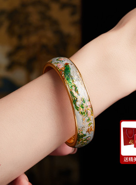 新中式足银999古法花丝镂空珐琅雀羽繁花手镯女新中式新年送礼物