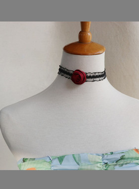 花朵蕾丝黑色颈带项圈女酒红气质