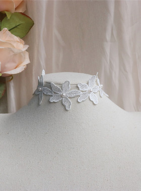 森系少女蕾丝白花朵珍珠choker