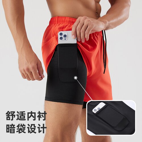 夏运动短裤多口袋假两件防走光短裤二合一短裤跑步速干短裤健身裤 - 图2