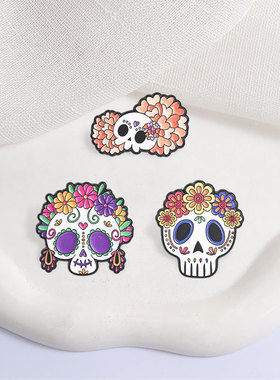 墨西哥风花卉骷髅亡灵节胸针饰品