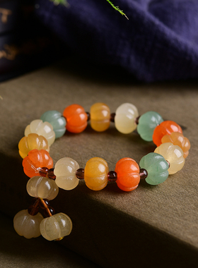 天然新疆金丝玉南瓜珠手链 女款天然多宝彩色玉石手串单圈串珠