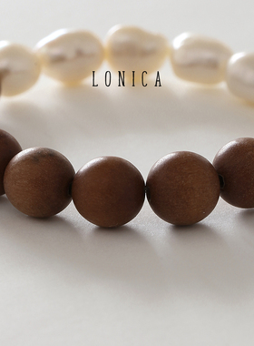 新中式檀香木珠巴洛克珍珠拼色手串 时尚小众设计木质珠手链