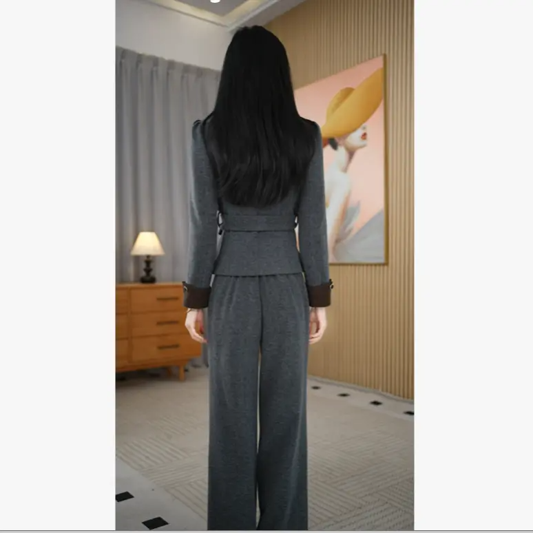 通勤风双排扣西装上衣+阔腿裤女士秋冬修身收腰两件套气质套装,淘宝优惠券,粉丝福利购,淘宝优惠卷