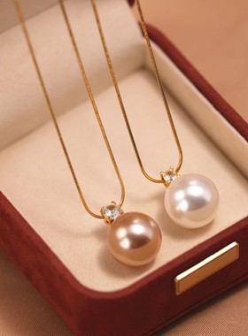 钛钢仿珍珠项链法式单颗珍珠吊坠