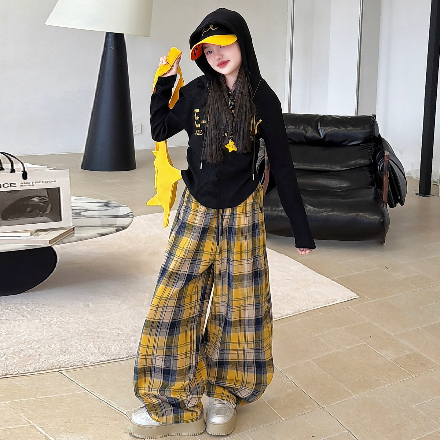 酷飒女童复古格子阔腿裤套装美式儿童爵士服演出服黑色上衣连帽潮,淘宝优惠券,粉丝福利购,淘宝优惠卷