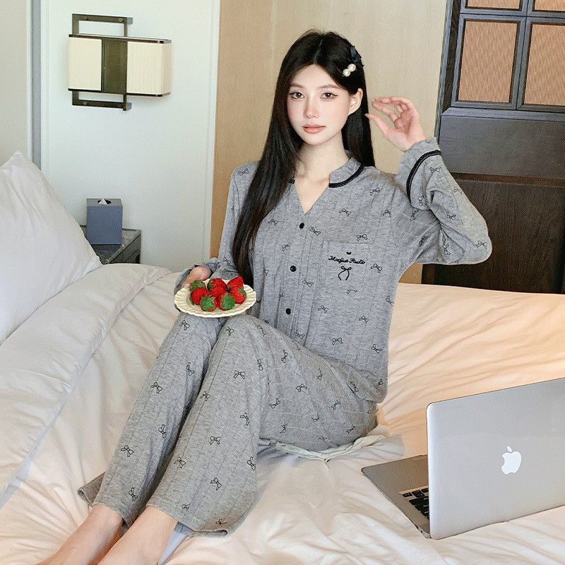 喔密哒秋款V领羊绒棉蝴蝶结印花长袖长裤睡衣套装女可外穿家居服 - 图2